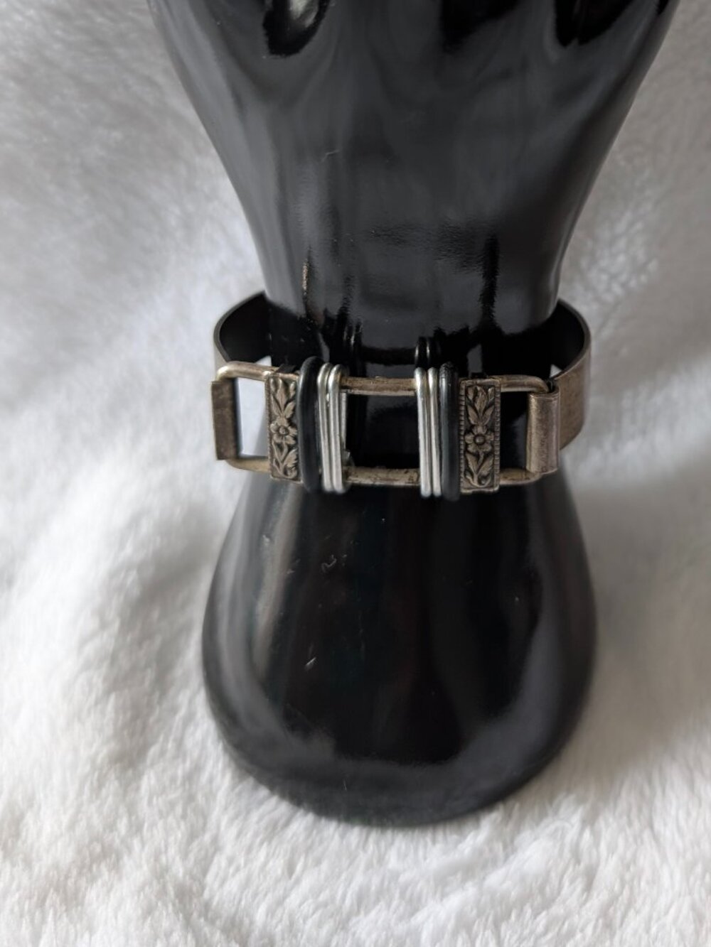 Vintage Industrial Mixed-Media Buckle Cuff - Gunmetal & Floral Engraved